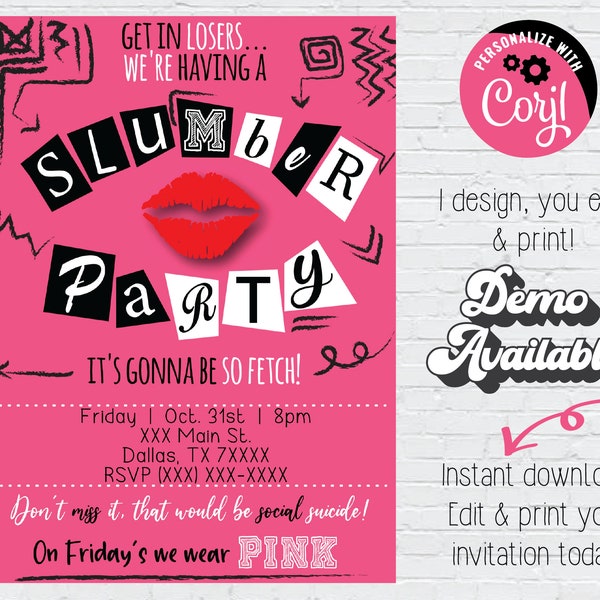 Mean Girls Inspired Digital Invitation; Instant Download Sleepover Girl's Night invitation;Slumber Party; Girl party Mean Girls Burn Book