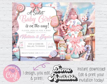 Winter Candy Land Instant Download, Editable Invitation, Printable Invitation Corjl Pink Winter Baby Shower Birthday Girl Digital Invitation