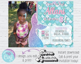 Editable Mermaid Invitation | Pink Purple Blue Mermaid | Swim on by Instant Download Invitation | Girl Mermaid Swim Party | Girly Mermaid