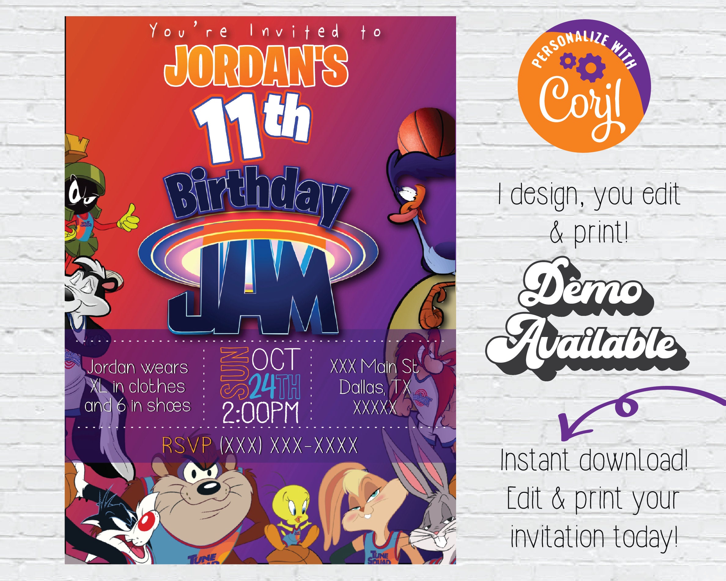 Space Jam 2 Animated invitation card Customizable Template DIY