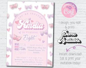Valentine's Digital Printable Birthday Party | Hearts Butterfly Invitation | Pink Purple Heart Girl Birthday Invitation Galentine's Party