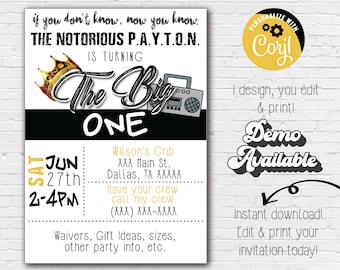 Editable Hip Hop Birthday Invitation, Digital Notorious One Birthday, Adult Party, First Birthday, Baby Hip Hop Birthday, Adult Biggie Theme