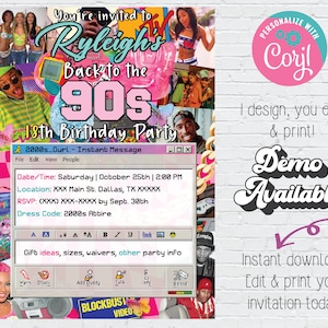 May include: A digital invitation for an 18th birthday party with a 90s theme. The invitation is designed to look like a Windows 95 interface with a pink and blue color scheme. The text on the invitation reads "You're invited to Rayleigh's Back to the 90s 18th Birthday Party".