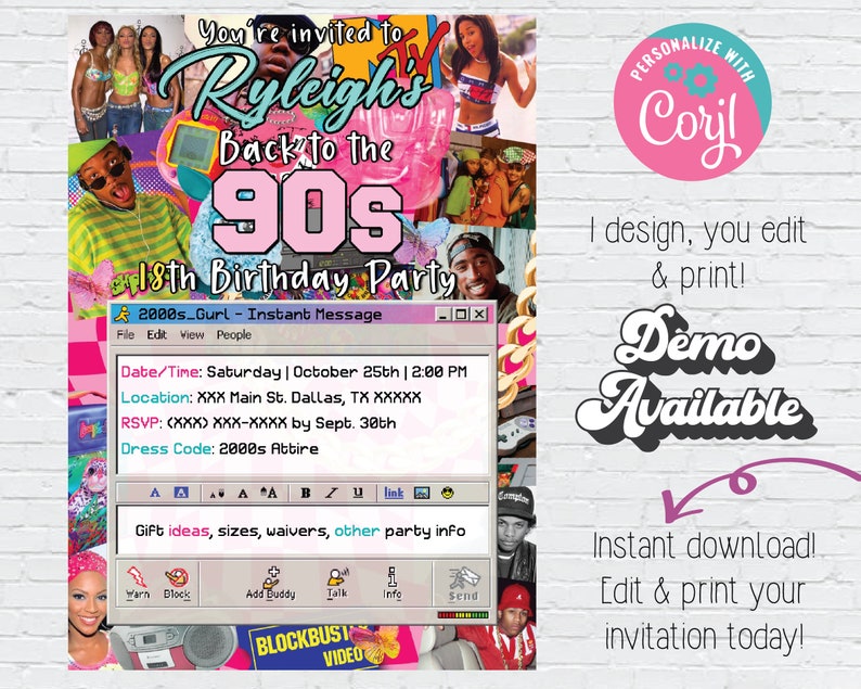 May include: A digital invitation for an 18th birthday party with a 90s theme. The invitation is designed to look like a Windows 95 interface with a pink and blue color scheme. The text on the invitation reads "You're invited to Rayleigh's Back to the 90s 18th Birthday Party".