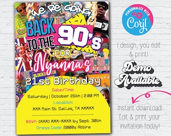 Editable 90s Invitation | Back to the 90s Party | 90s Themed Birthday Party Digital Invitation |