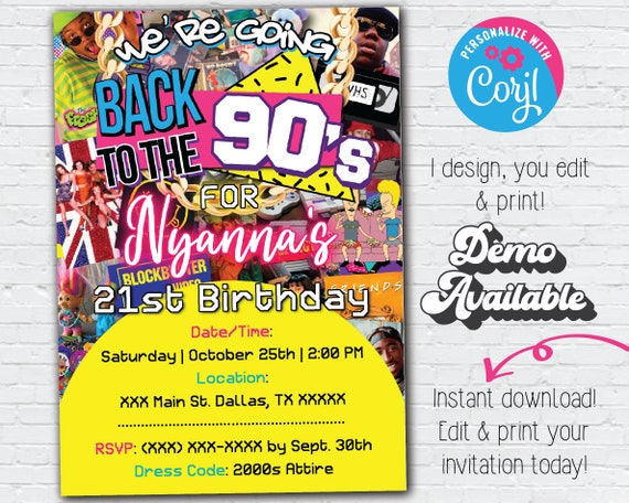 Editable 90s Invitation | Back to the 90s Party | 90s Themed Birthday Party Digital Invitation |