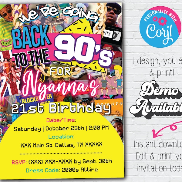 Editable 90s Invitation | Back to the 90s Party | 90s Themed Birthday Party Digital Invitation |