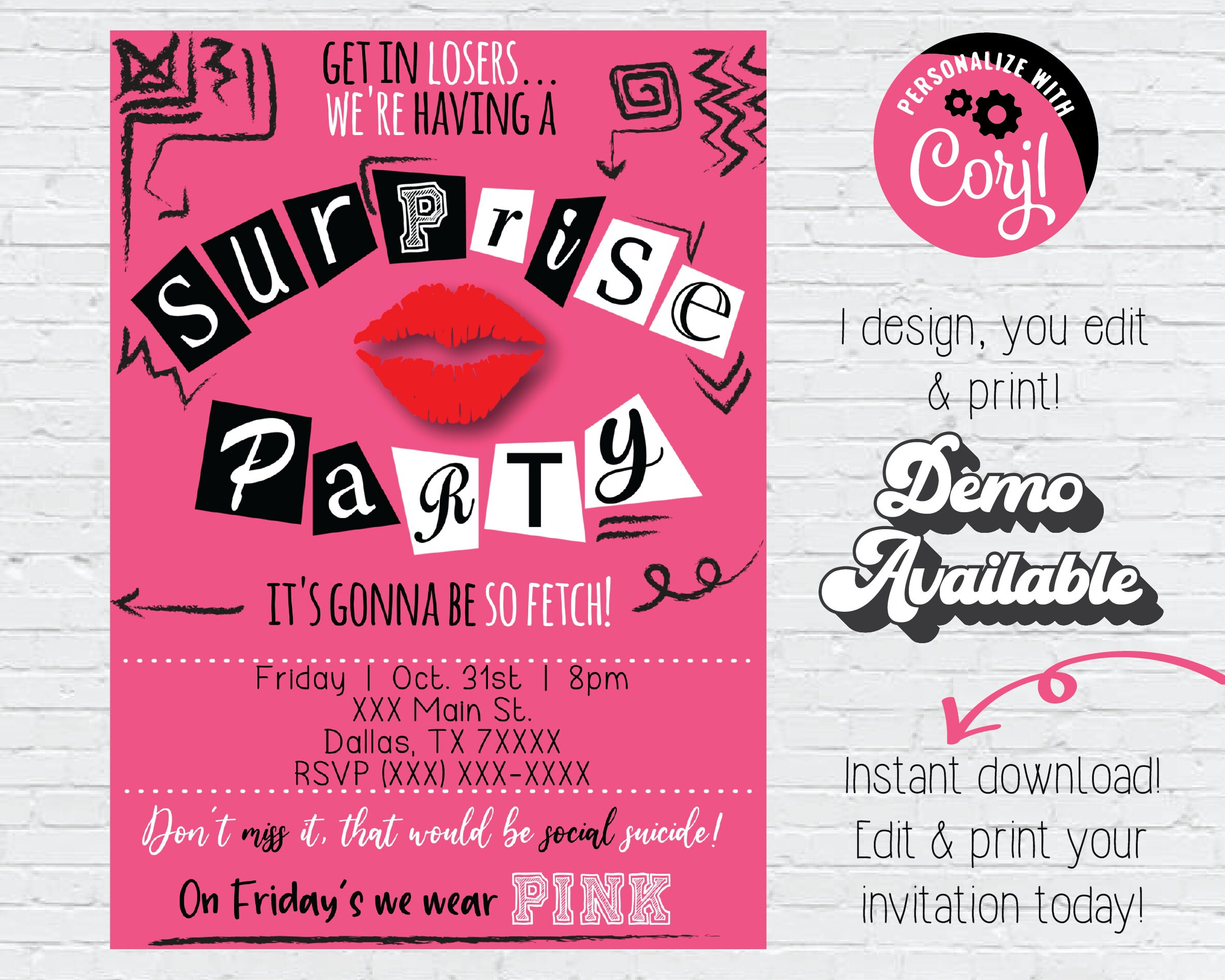 Mean Girls Inspired Digital Invitation Instant Download Surprise Birthday Invitationsurprise