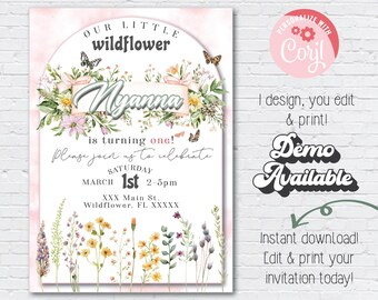 WILDFLOWER Birthday Invitation Editable Wildflower Party Invite Boho Wildflower 1st Birthday Invite Boho Girl Wild One Invitation Template