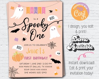 Spooky One Editable Invitation; Halloween One Year Old Birthday Party Theme Digital Printable Spooky Baby Girl First Birthday Girl Halloween