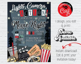 Instant Download Movie Night Birthday;Movie Night Invitation;Cinema Theme Birthday;Red black Backyard Movie Ticket Party Digital Invitation