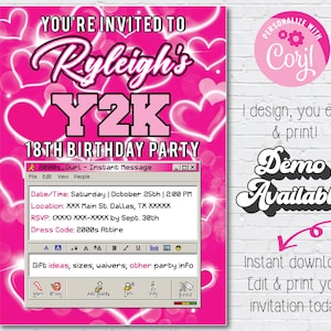 Può includere: Un invito digitale per una festa di compleanno rosa e bianco con uno sfondo a forma di cuore e il testo "You're invited to Ryleigh's Y2K 18th Birthday Party". L'invito è in stile finestra di messaggistica istantanea degli anni 2000 con data, ora, luogo, RSVP e codice di abbigliamento.