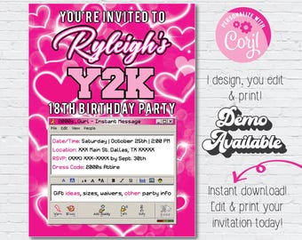 Editable Y2K Invitation | Heart Backdrop Glamour Shots | Back to the 2000s Party | Y2K Birthday Party Digital Invitation | Air Brushed