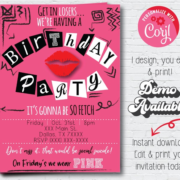 Invito digitale ispirato a MeanGirls; Invito per il download istantaneo; Invito alla festa di compleanno; Festa di compleanno per ragazze; Ragazza rosa festa Mean Girls