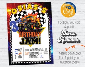Instant Download Monster Truck Birthday Invitation | Grave Digger Birthday Party | Editable Monster Jam Cars Trucks Boys Invitation