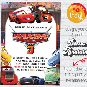 Instant Download Cars Birthday Invitation | Lightning Mcqueen Birthday Party | Editable Mater and Lightning Mcqueen Cars Jackson Storm