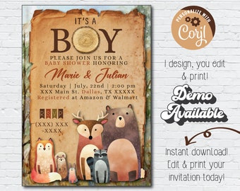 Woodlands Baby Shower Instant Download Invitation Digital Woodland Animals Baby Shower It's a Boy Fox Wood Animals Theme Party Happy Trails