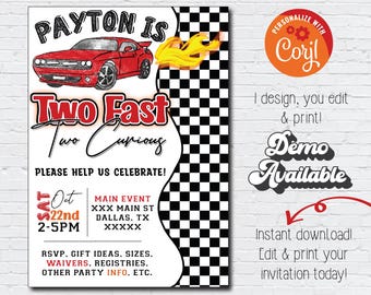 Editable Two Fast Two Curious Invitation; Sports Car Invitation; Boy Car Invitation; Red Sports Car Birthday; Instant Download Corjl Digital