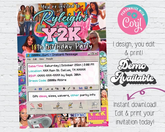 Editable Y2K Invitation | Back to the 2000s Party | Y2K Themed Birthday Party Digital Invitation | Instant Download