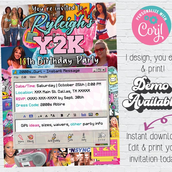 Editable Y2K Invitation | Back to the 2000s Party | Y2K Themed Birthday Party Digital Invitation | Instant Download