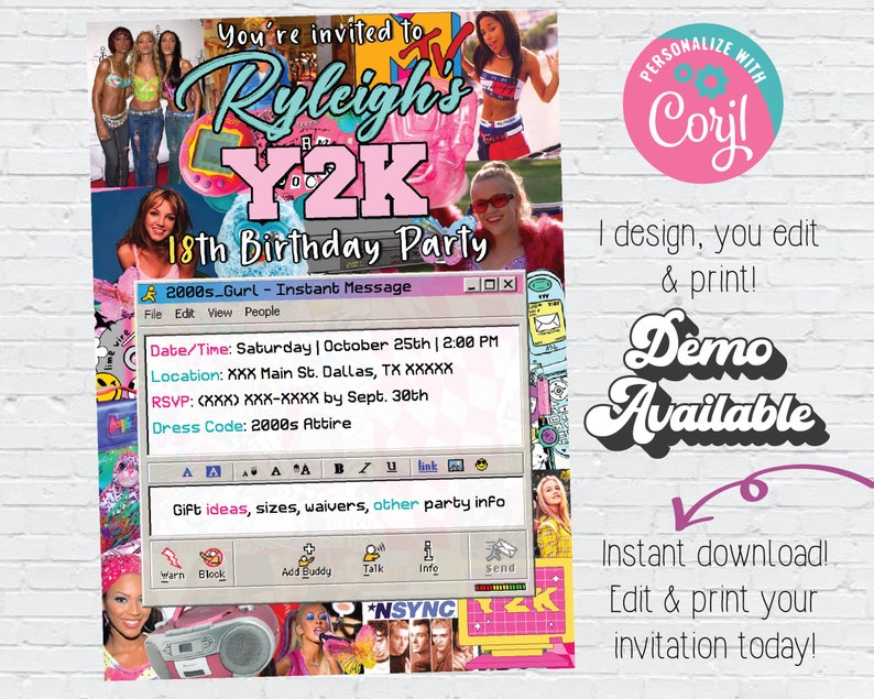 May include: A digital invitation for an 18th birthday party with a Y2K theme. The invitation features a collage of images from the early 2000s, including Britney Spears, *NSYNC, and a pink and blue Y2K logo. The text on the invitation reads "You're invited to Ryleigh's Y2K 18th Birthday Party".