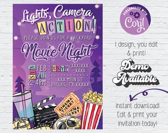 Instant Download Movie Night Birthday;Movie Night Invitation;Cinema Theme Birthday;Purple Backyard Movie Ticket Party Digital Invitation