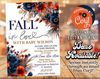 Editable Fall in Love Baby Shower Invite, Autumn Florals Baby Shower Template, Autumn Florals Baby Shower Invite, Falling In Love With Baby