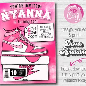 Pink Shoe Digital Invitation | Tennis Shoe Birthday | Sneaker Ball Party Instant Download Printable Pink Sneaker Party Invitation