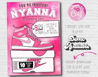 Pink Shoe Digital Invitation | Tennis Shoe Birthday | Sneaker Ball Party Instant Download Printable Pink Sneaker Party Invitation
