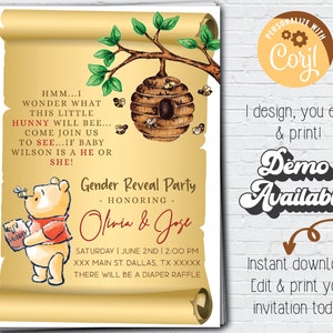 Winnie the Pooh bearbeitbare Einladung; Geschlecht offenbaren Was wird diese Hunny Bee; Honey Bear Gender Reveal, Baby Shower, Pooh Bear Geburtstagsparty