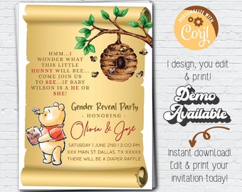 Winnie the Pooh Editable Invitation; Gender Reveal What will this Hunny Bee; Honey Bear Gender Reveal, Baby Shower, Pooh Bear Birthday party