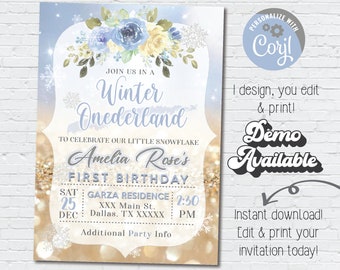 Editable WINTER ONEderland Invitation Blue & Rose Gold Watercolor Snowflake Whimsical Winter ONEderland Party Instant Download