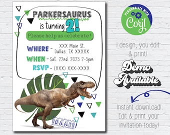 Editable Dinosaur Digital Invitation Corjl Blue Green Boy Birthday Retro Dinosaur Theme Party Invitation Instant Download Dino Geo T Rex