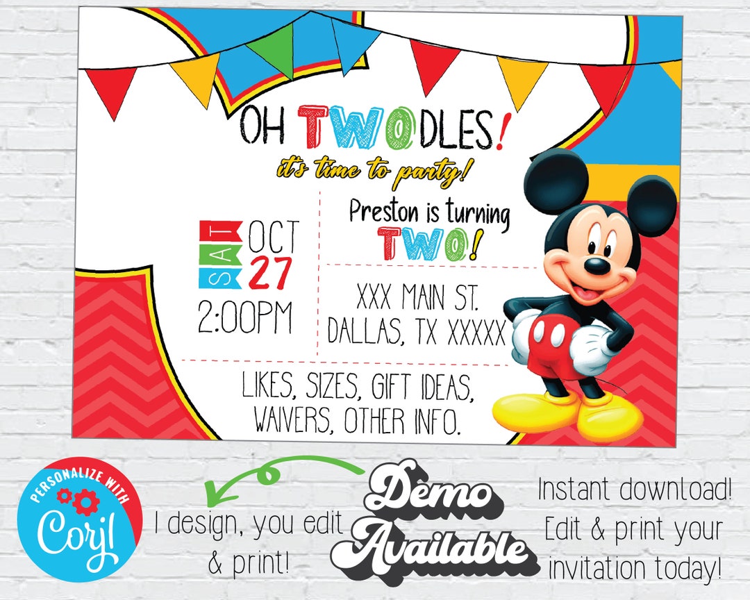 Mickey Mouse First Birthday Invitation Boy Mickey 1st Birthday Invite ...