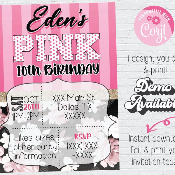 Instant Download Victoria's Secret PINK Invitation | Teen Girl Pink Invitation Girly VS PINK Lingerie Party Teen Girl Birthday Party Invite