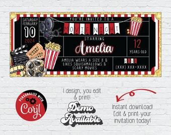 Instant Download Movie Night Birthday;Movie Ticket Invitation;Cinema Theme Birthday;Red Black Movie Ticket Birthday Party Digital Invitation
