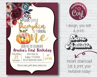 Instant Download | Pumpkin Baby Girl Birthday Invitation | Fall Baby First Birthday | Our Little Pumpkin Birthday Party Burgundy Fall Party