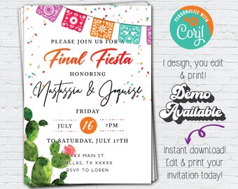 May include: White invitation with the text "Final Fiesta" in orange and red. The invitation includes the names "Nastassia & Joquize", date, time, and address. Colorful confetti and decorative banners adorn the top, with cactus illustrations at the bottom.