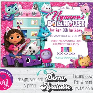 Editable Gabby&#39;s Dollhouse Birthday Invitation Template, Printable Birthday Party Invitations, Girls Party Invite Template, Birthday Invite