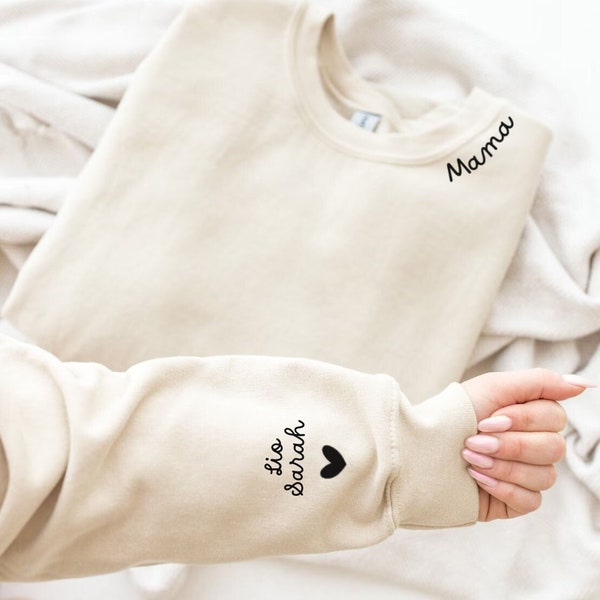 Custom Mama Sweatshirt with Kids Names on Sleeve, Custom Neck and Sleeve Design Sweater, Mother's Day Gift, Personalized Gift for New Moms