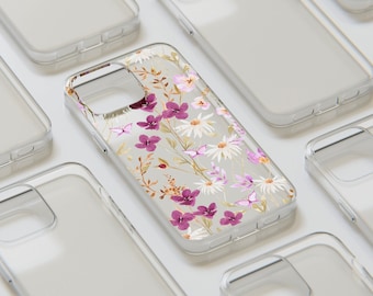 Blumen iPhone Hülle, transparente Handyhülle mit Wildblumen, personalisierbar für iPhone 15 Plus Pro Max 13 Mini 12 11, Boho Handyhülle