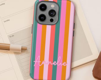 Personalized iPhone Case 8-17, with Name or Text, Colorful Stripe Design, Shockproof