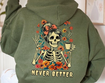 Retro hoodie met skelet, sweatshirt grappig koffieliefhebber