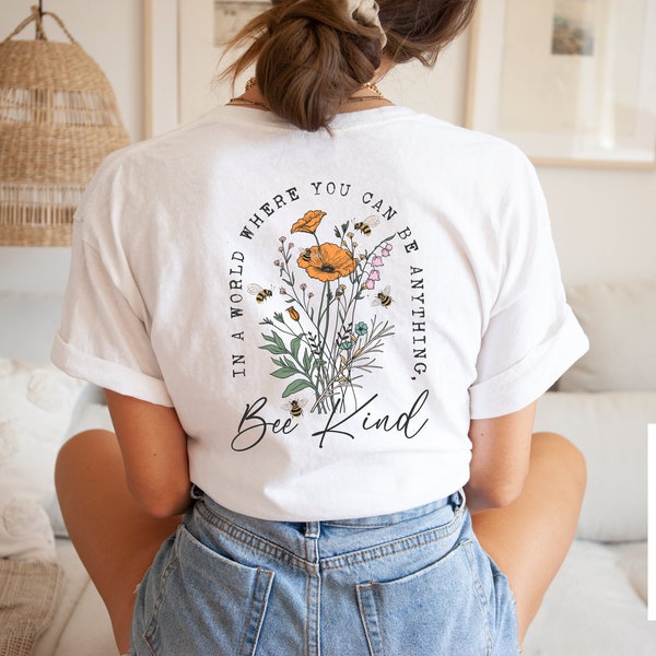 Bee Kind T-Shirt mit Blumen, Vintage Backprint Shirt, süßes Blumen T-Shirt, Shirt Damen mit Be Kind Spruch, Boho Blumen, Rückenprint T-Shirt