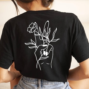 Black T-Shirt, Retro Peace Hand Sign, Flower Back Print
