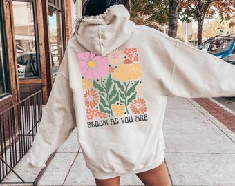 Bluza z kapturem w stylu retro Wildflower z nadrukiem Bloom As You Are Back, prezent botaniczny