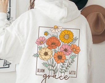 Blumen Hoodie, Pullover mit Blumenprint in Grün, kuscheliger Kapuzenpulli, Damen Hoodie mit Spruch, Wildblumen Backprint, Muttertagsgeschenk