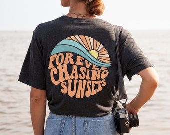 Trendy Shirt with Words on Back, Chasing Sunset T-Shirt, Aesthetic Tee for Women, Retro Shirt with Cute Back Print, Summer Shirt, Surfer Tee