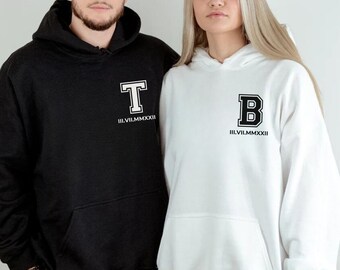 Custom Couple Hoodie, Roman Numeral Hoodie, Initial and Date Hoodie, Hooded Sweatshirt with Date, Valentine's Day Gift, Anniversary Gift