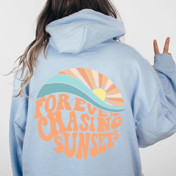 Hoodie mit großem Rückenprint und Sonnenuntergang, Kuscheliger Kapuzenpullover zum Reisen, Cooles Retro Motiv, Oversize Hoodie für Frauen